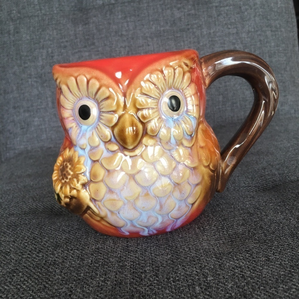 Owl Coffee Mug, Orange, Brown, Ivory, Colorful, 16 oz